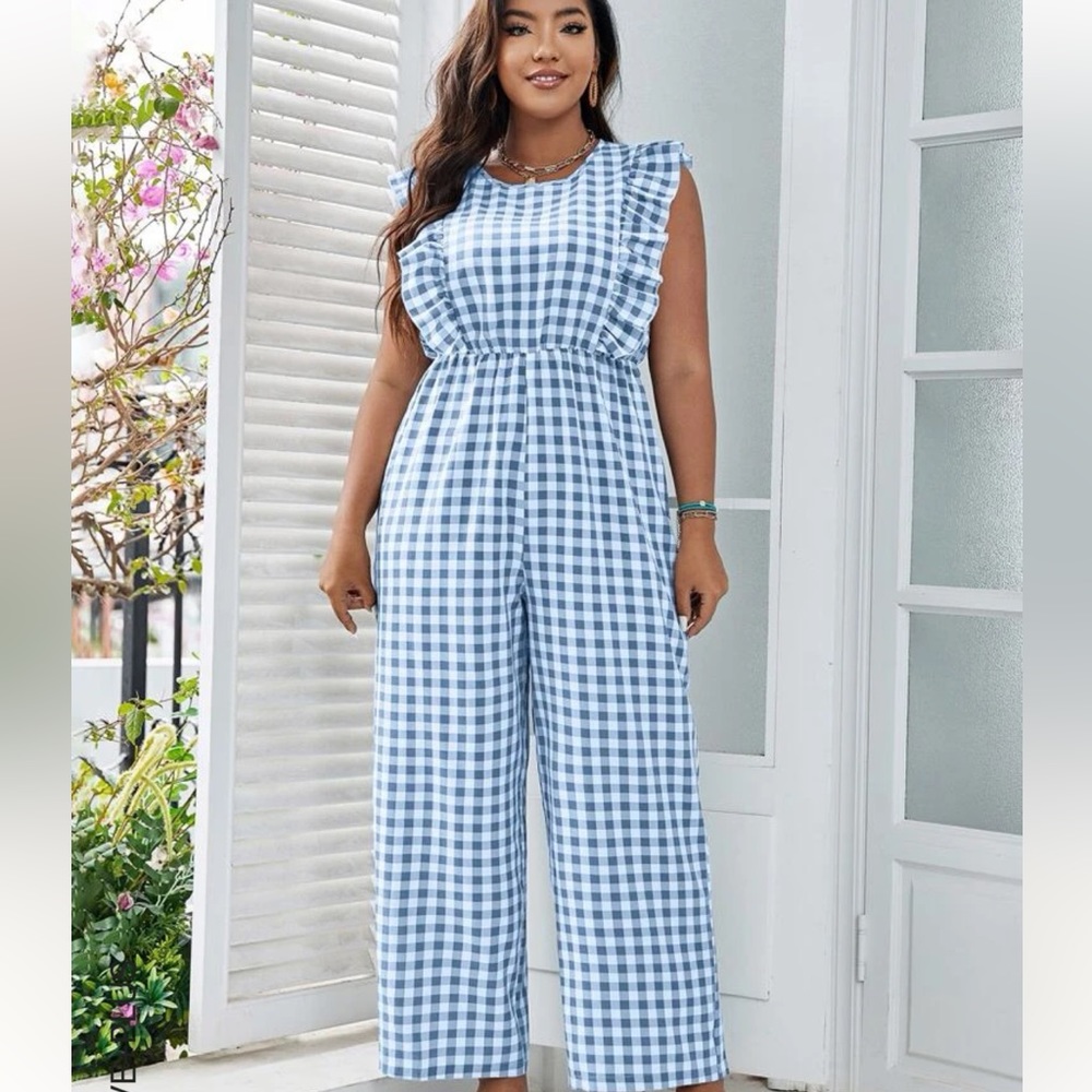 SHEIN Blue White Gingham Ruffle Sleeve Jumpsuit